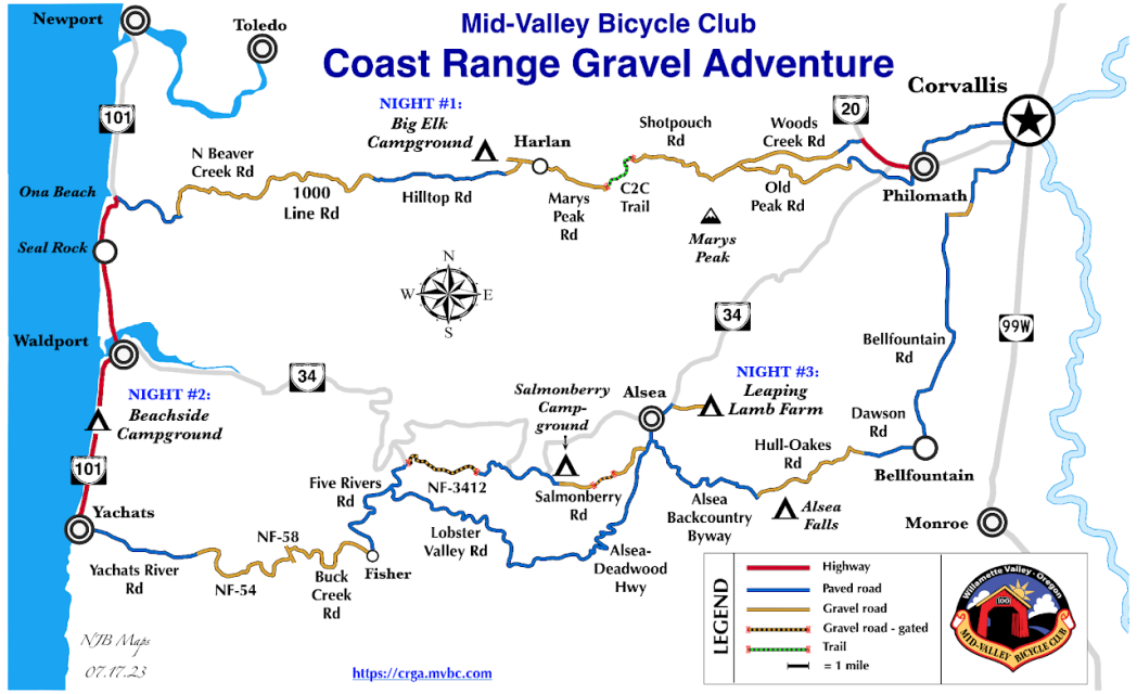 Map of the Coast Range Gravel Adventure route