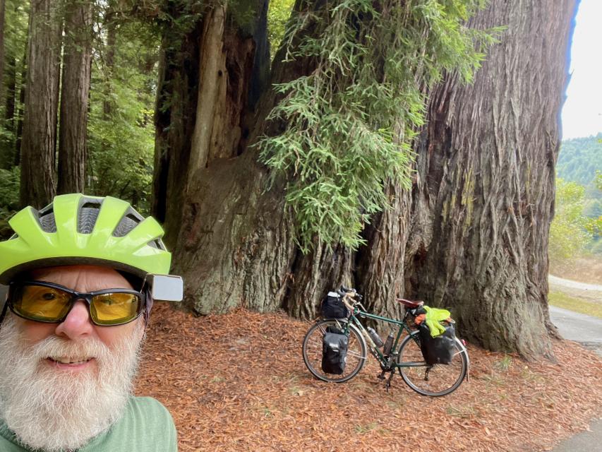 Me and my bike in front of a giant redwood tree