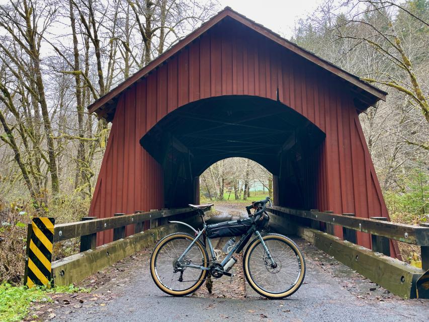 Bike at the North Fork Yactahts River covered bridge